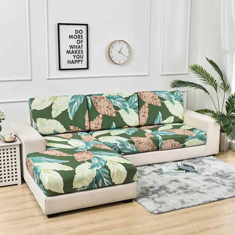 Floral stretch sofa cushion and backrest cover set for L-shaped couch, Simples Market, green leaf print