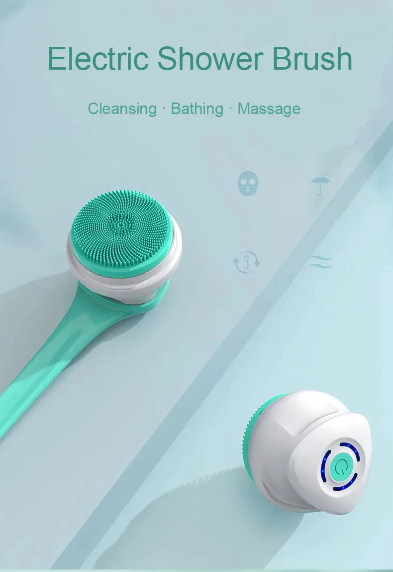 2-piece electric shower brush set with teal handle and silicone bristle head, rechargeable