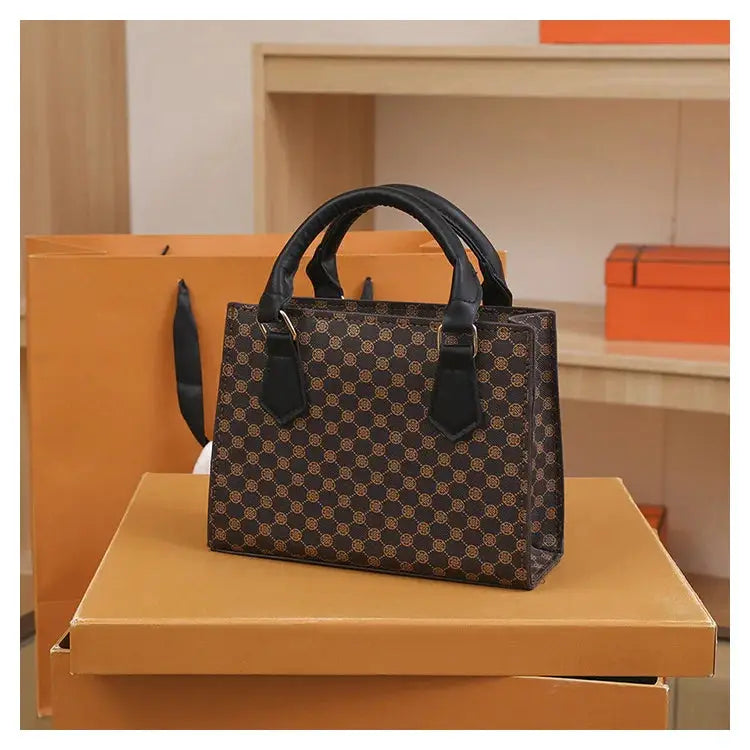 Small square top-handle bag in brown plaid PU leather with black handles for daily use