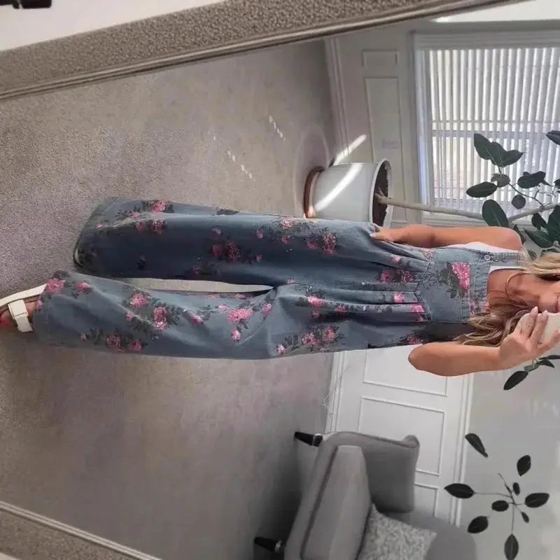 Denim blue floral print sleeveless jumpsuit for women with long pants