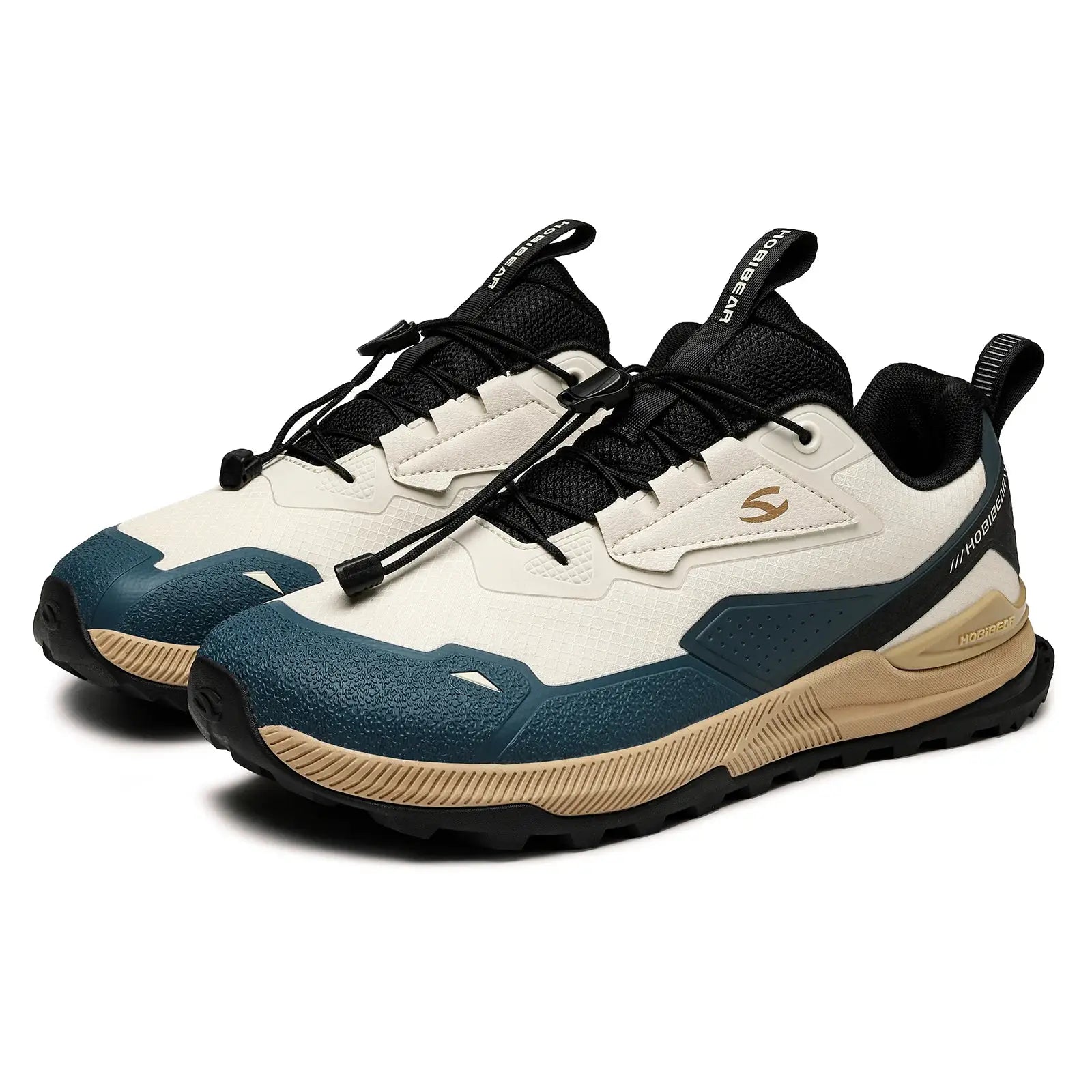 Pair of HOBIBEAR hiking shoes, beige/cream upper with black laces, teal sole, non-slip traction