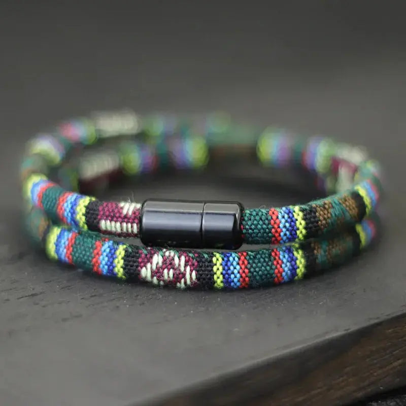 Men's bohemian rope bracelet, double-wrap, magnetic clasp