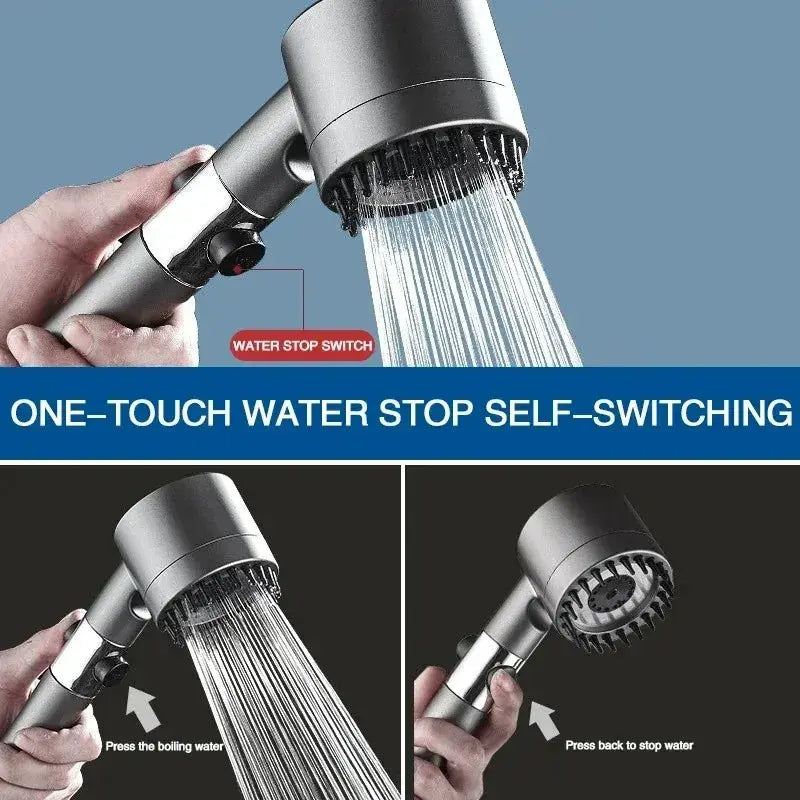 Shower head: Simples Market 3-mode adjustable high-pressure filter shower head with massage brush, silver finish.