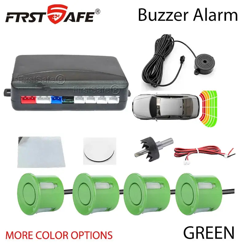 FirstSafe four-sensor car parking sensor kit with buzzer alarm, green sensors, 12V