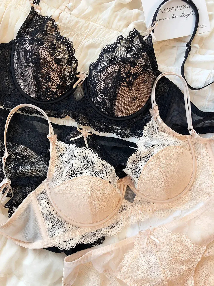 Lace Push Up Bra Lingerie Set With Bow Three Quarter Cup Bralette