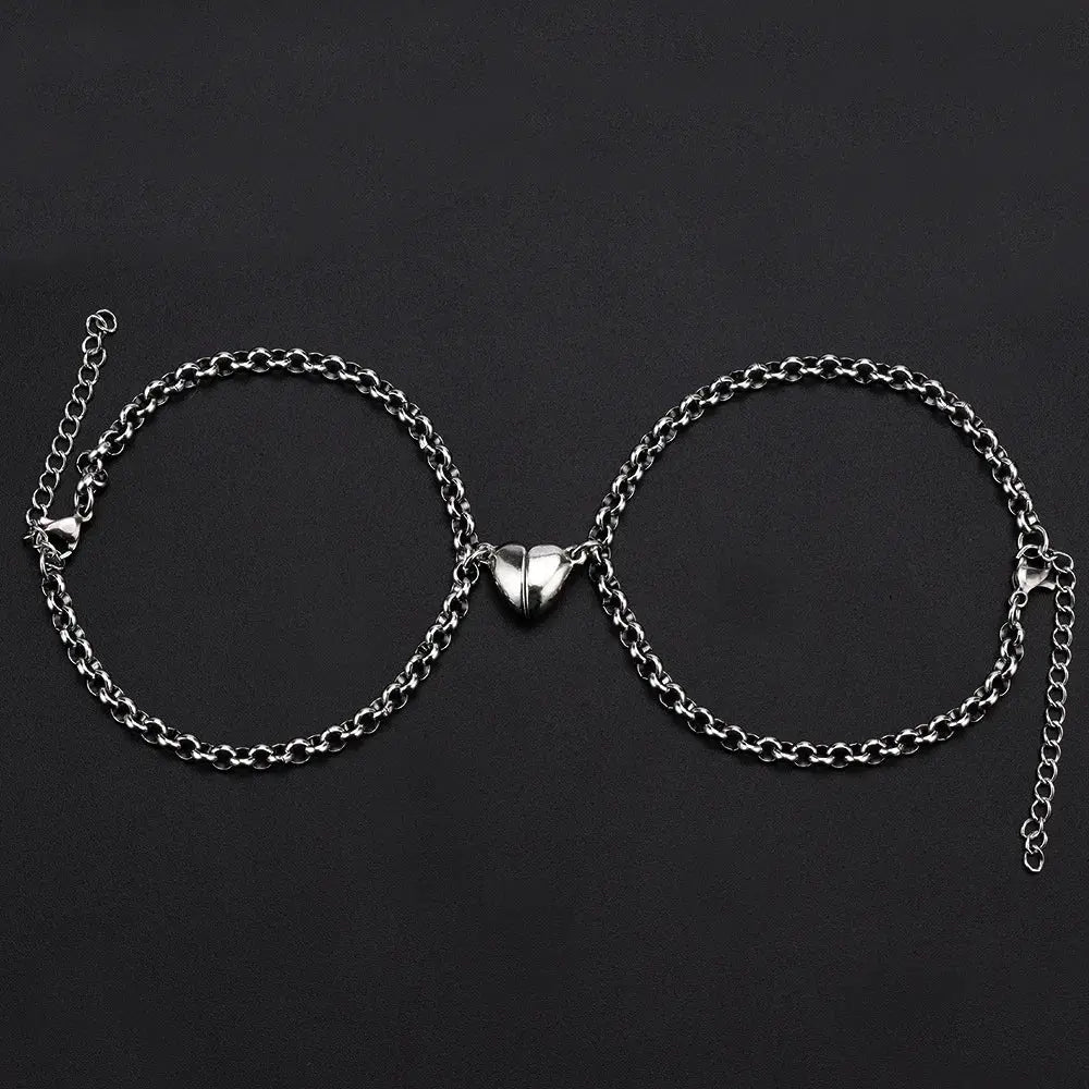Two Piece Set Magnetic Couple Bracelets Heart Attraction Stainless Steel Cuban Chain Key Lock Jewelry Gifts