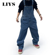 Men's denim overalls with suspenders, baggy mid-waist blue jumpsuit; LIYS watermark