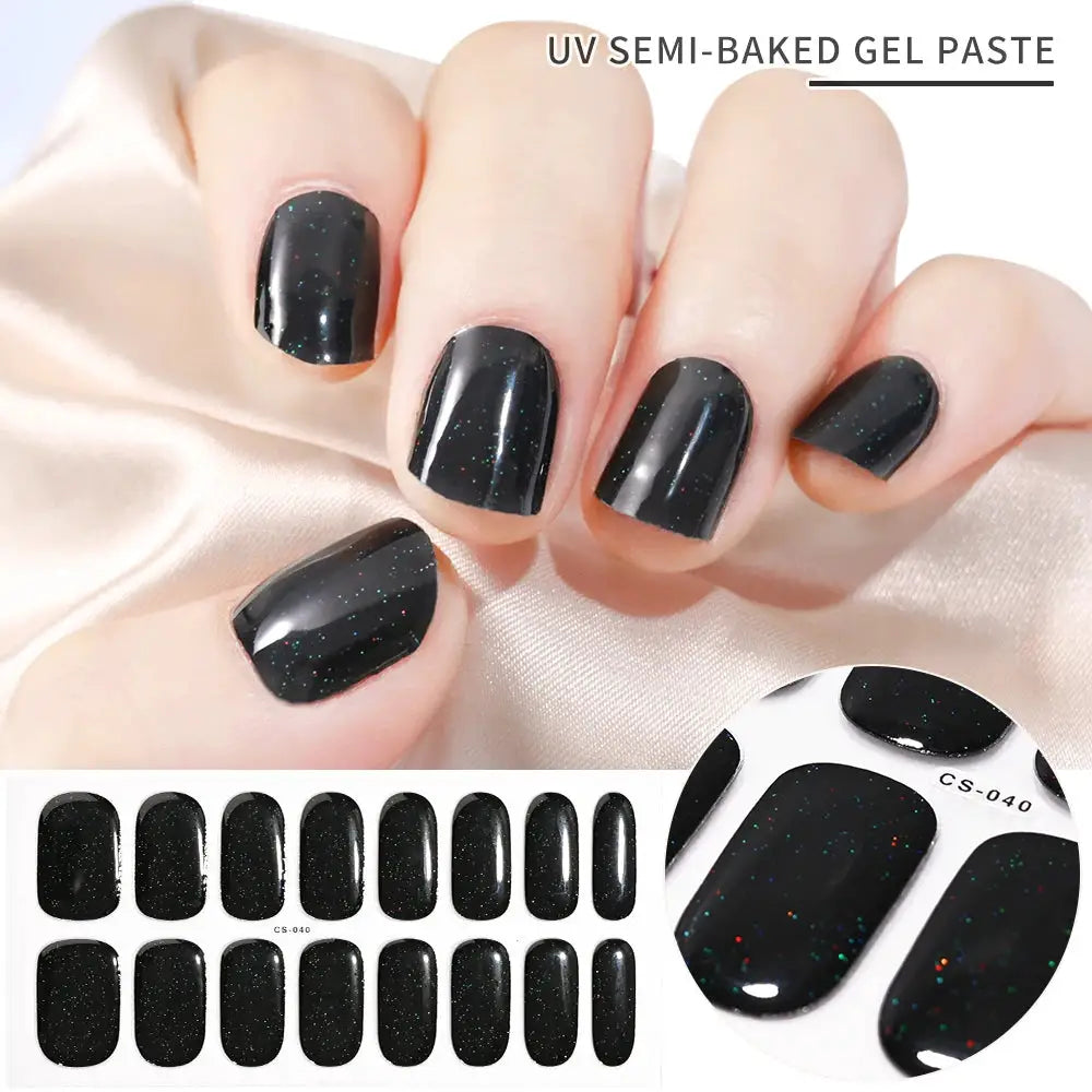 Gel nail wraps by Simples Market: black UV gel with multicolor glitter specks, full-coverage decals