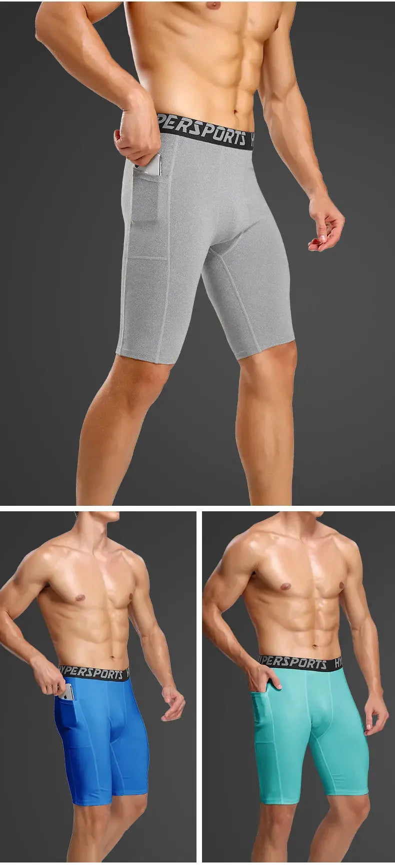 Simples Market men's compression shorts with side pockets in gray, blue and teal.
