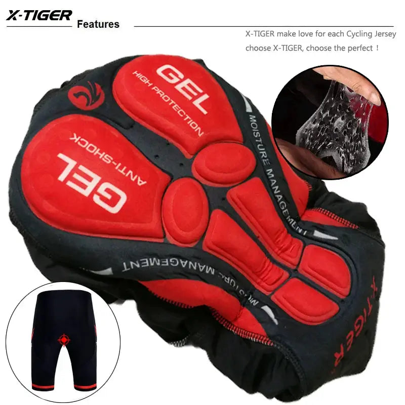 X-TIGER men's cycling shorts with gel pad, anti-slip leg grips, black and red design