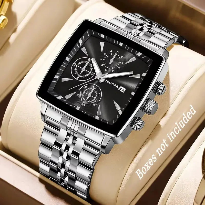 Men's stainless steel square-dial quartz watch with calendar, black dial