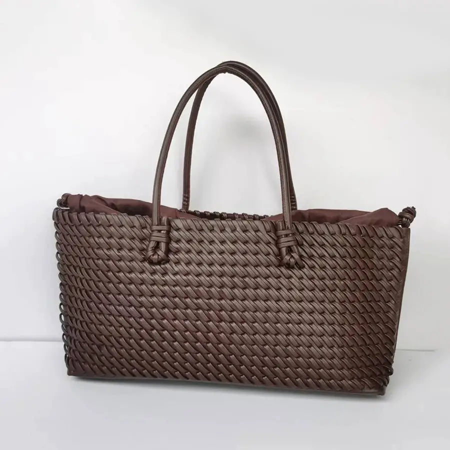 Brown woven tote bag with double handles, large-capacity hand-held shoulder bag.