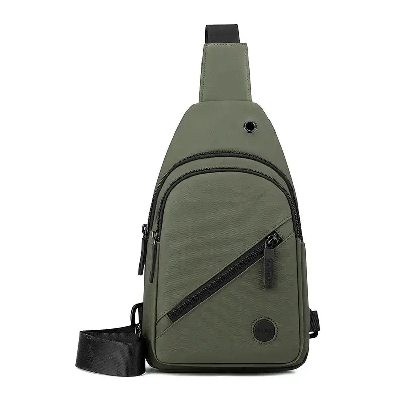 Lightweight men's chest bag in olive green nylon with multiple zip pockets and adjustable strap by Simples Market.
