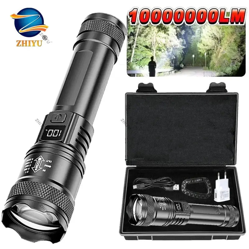 Simples Market rechargeable LED flashlight zoomable torch with LCD display, 3 modes, waterproof; 2-piece hard case.
