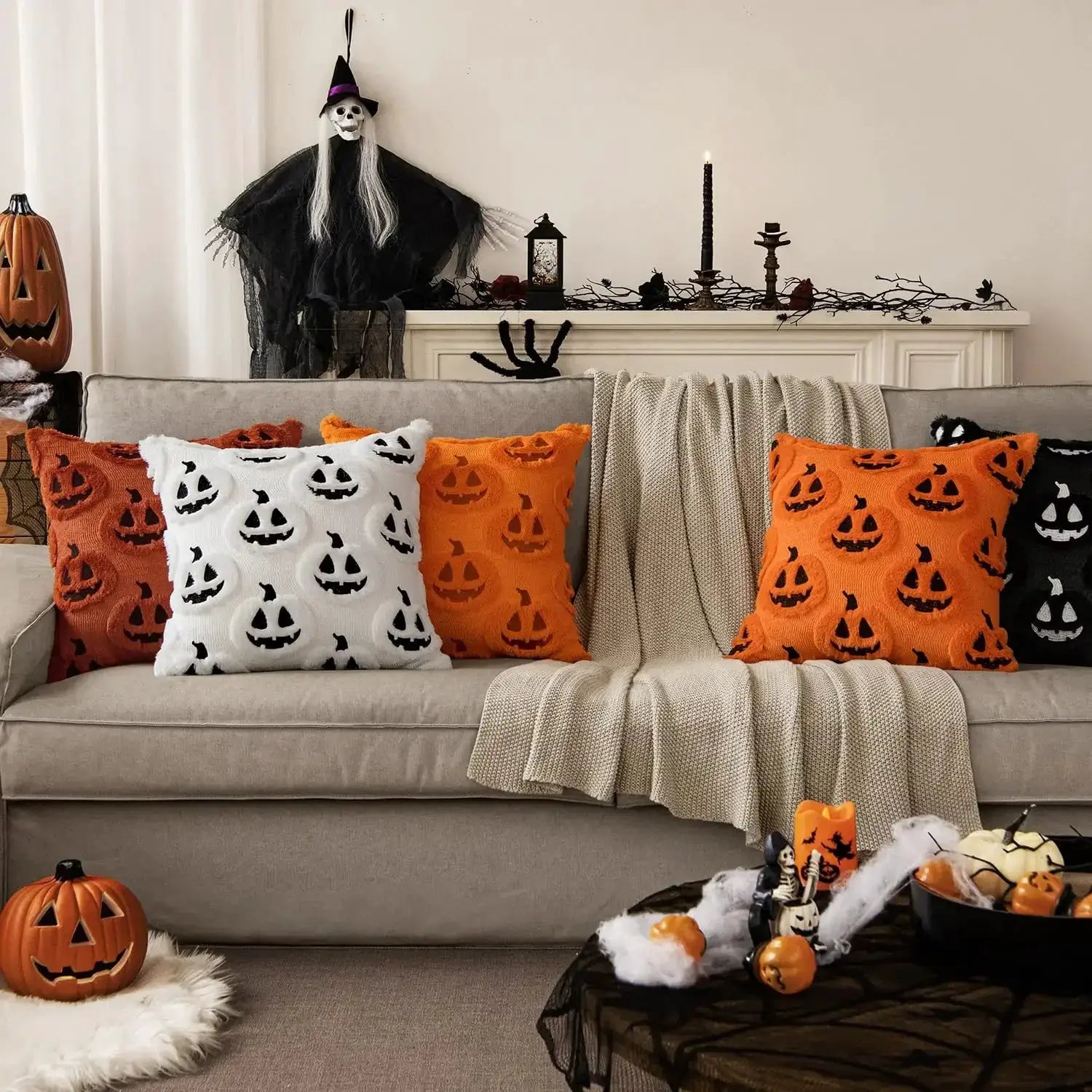 Halloween pumpkin-pattern pillow covers set of 5, plush faux-wool texture in orange, white, and black for sofa decor
