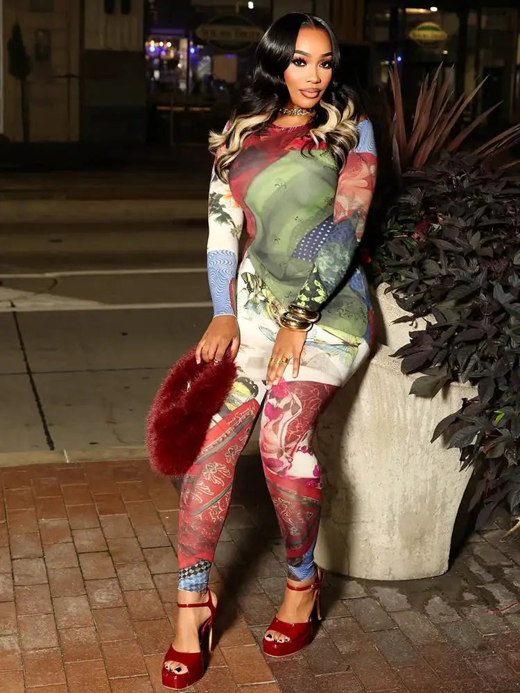 Sisterlinda hip jumpsuit for women in colorful print, o-neck, long sleeves, skinny streetwear overalls