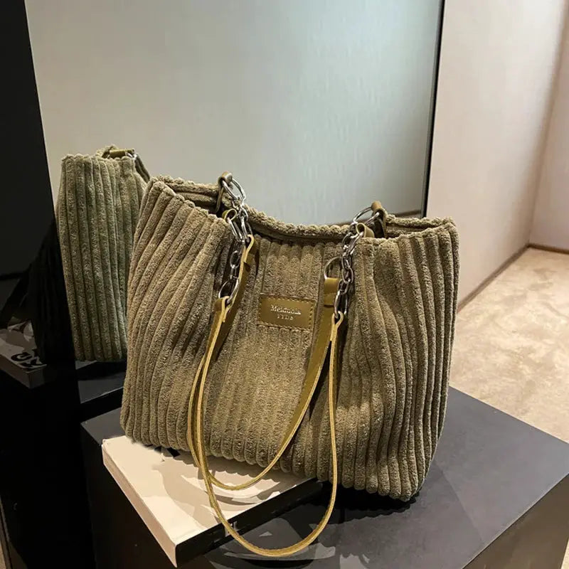 Women corduroy shoulder bag by Simples Market, olive color with chain straps and large-capacity casual handbag.