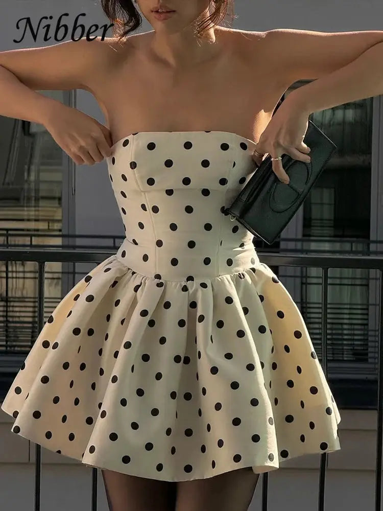 Nibber Dots Print Dress Backless Bow Applique Ruffles Y2K Bodycon