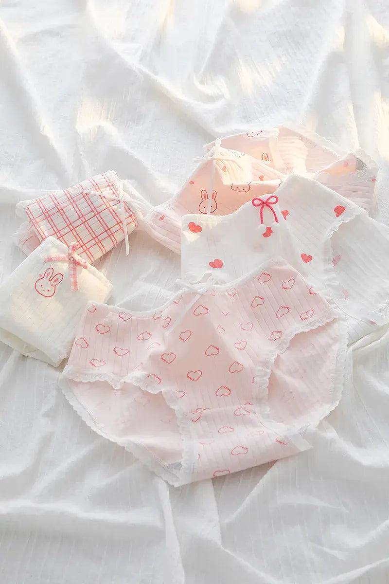 Simples Market 5Pcs cotton underwear set; pink and white women’s briefs with bow accents and heart bunny prints