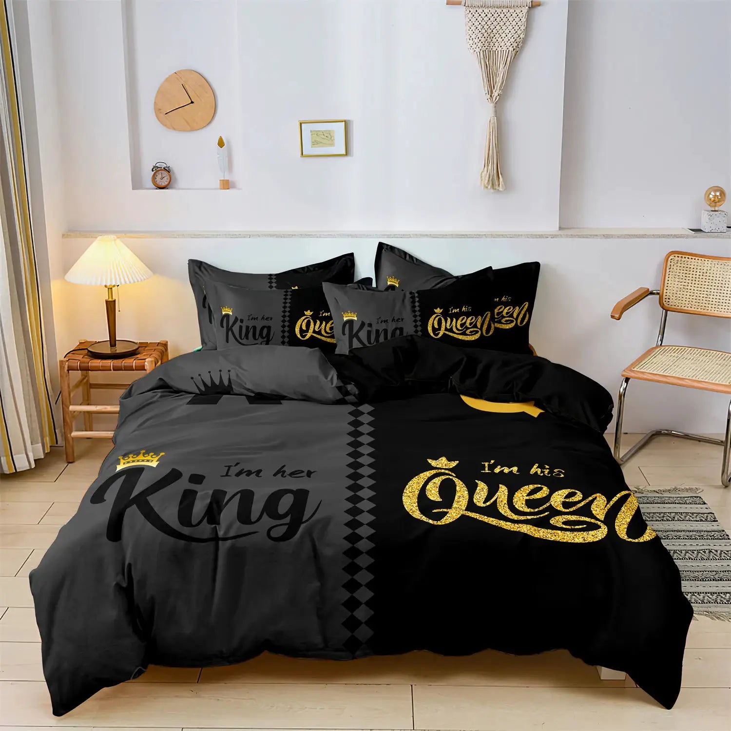 3pc bedding set by Simples Market; black and gray queen & king crown printed duvet cover with pillowcases