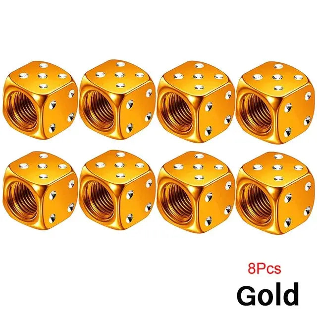 Aluminum dice tire valve caps, gold, 8 pcs set for car/truck/motorcycle wheels