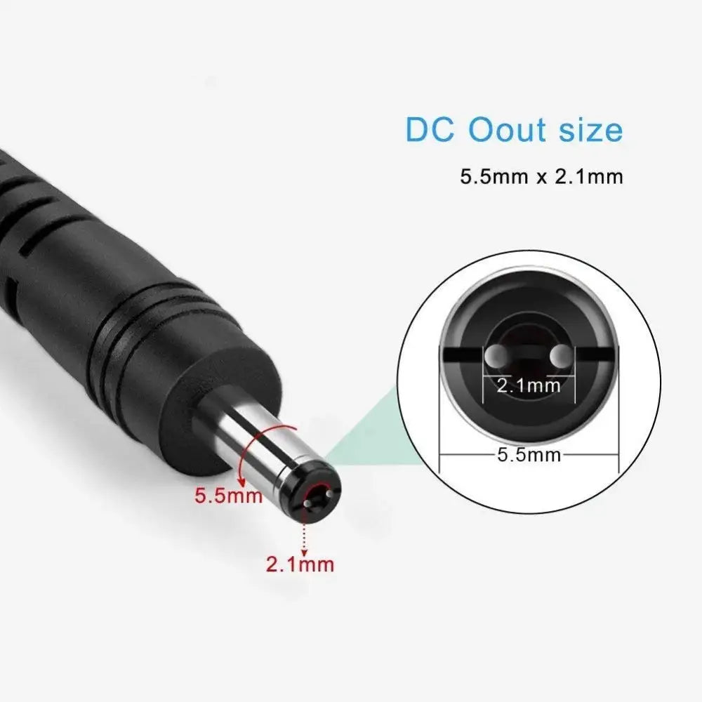 DC power plug 5.5x2.1 mm, black barrel connector with metal tip and measurement diagram