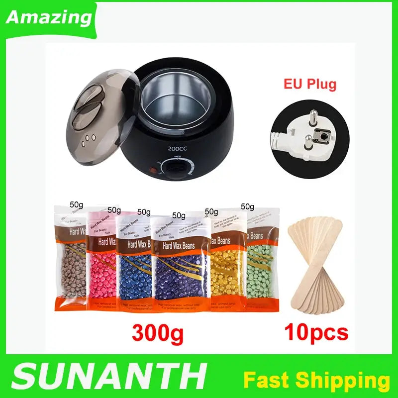 Wax warmer kit Simples Market, black 200ml wax heater with EU plug; includes 300g hard wax beans and 10 spatulas