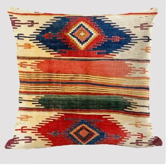 Bohemian linen cushion cover by Simples Market with multicolor geometric ethnic print for living room sofa.