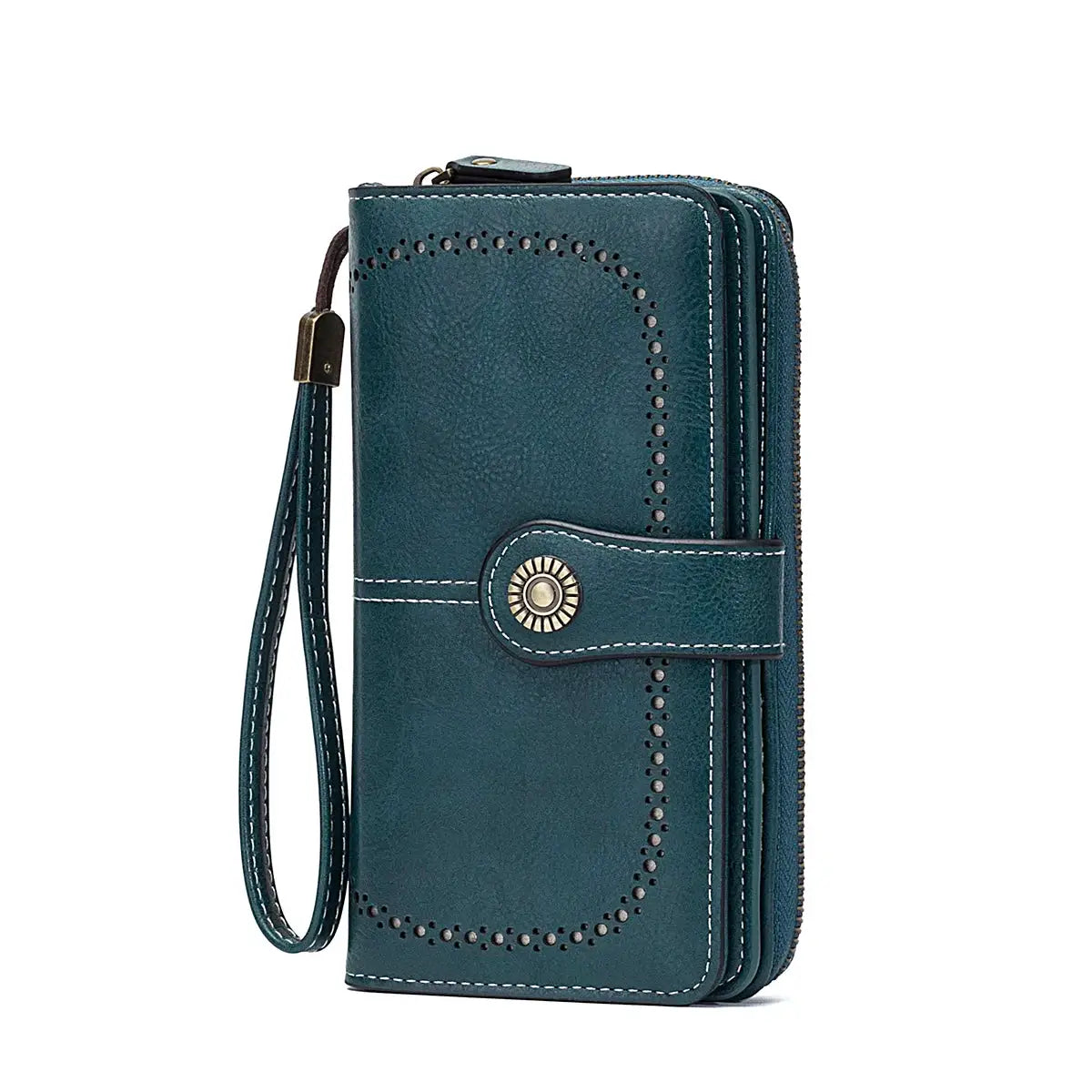 Simples Market teal leather RFID anti-theft wallet clutch with zipper, wrist strap and decorative perforations