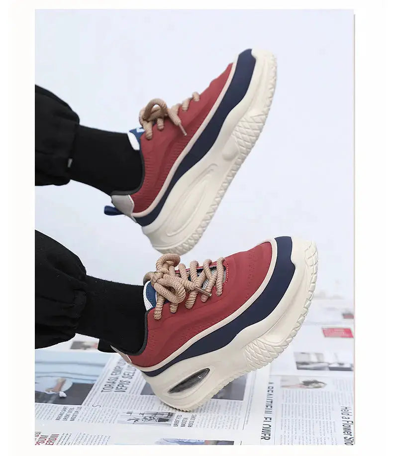 Men's Casual Sports Shoes pair with red upper and cream thick sole, navy accents, Simples Market