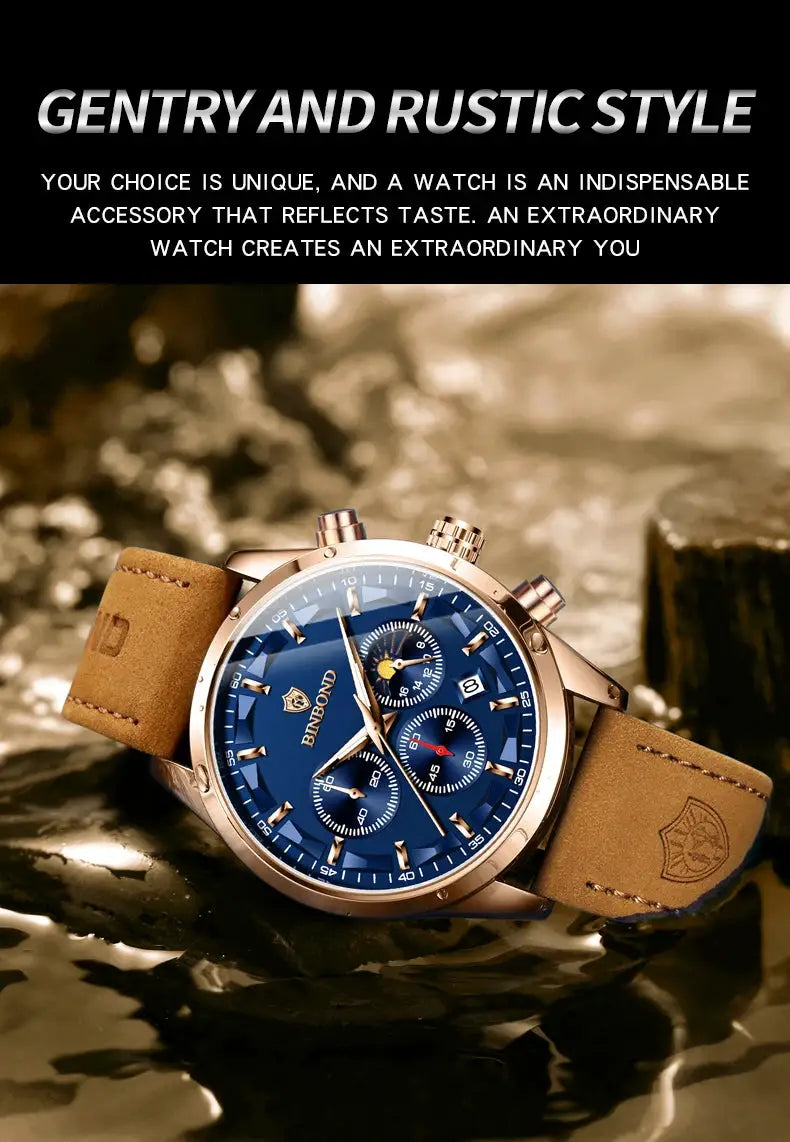 Binbond men's wristwatch with blue chronograph dial, rose-gold case and brown leather strap