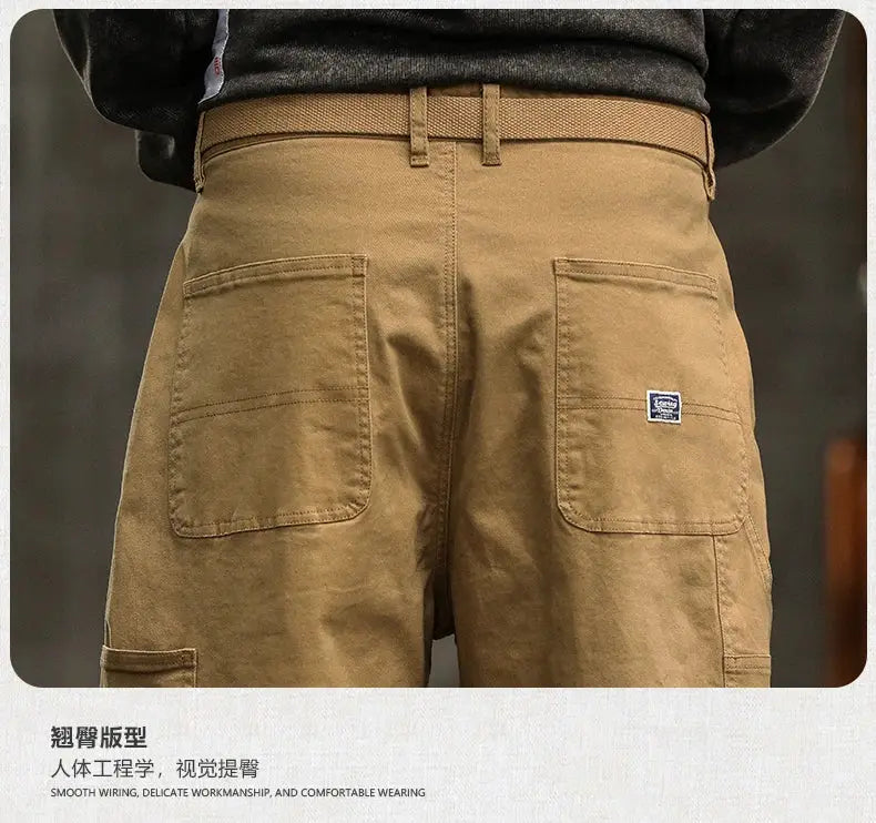 HIQOR men's cotton cargo pants, Simples Market tan-brown, mid-waist, loose straight fit with back pockets.