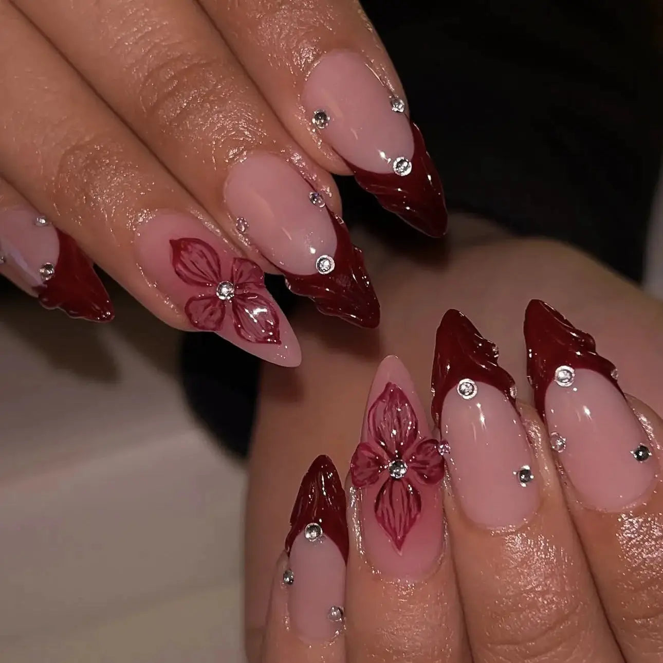 GlamNail Pink Almond Press On Nails Full Coverage Carved Flower 3D Ripple French Tips Golden Pearl Finish