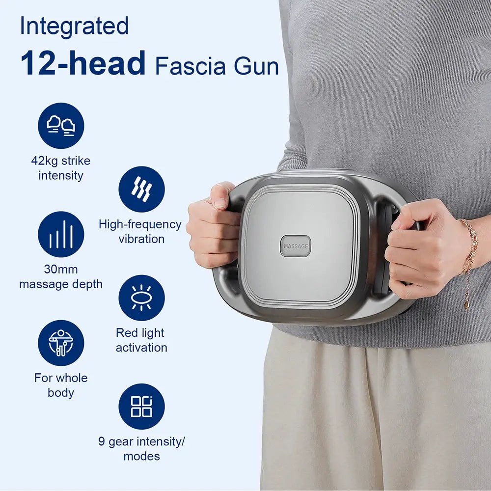 Simples Market 12-head fascia gun massager in grey with high-frequency vibration and 42 kg intensity