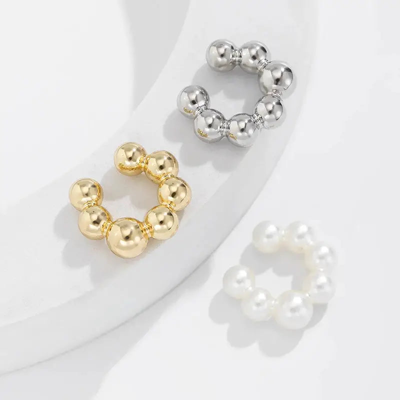 3-piece C-shaped ear clips with pearl acrylic beads in silver, gold, and white