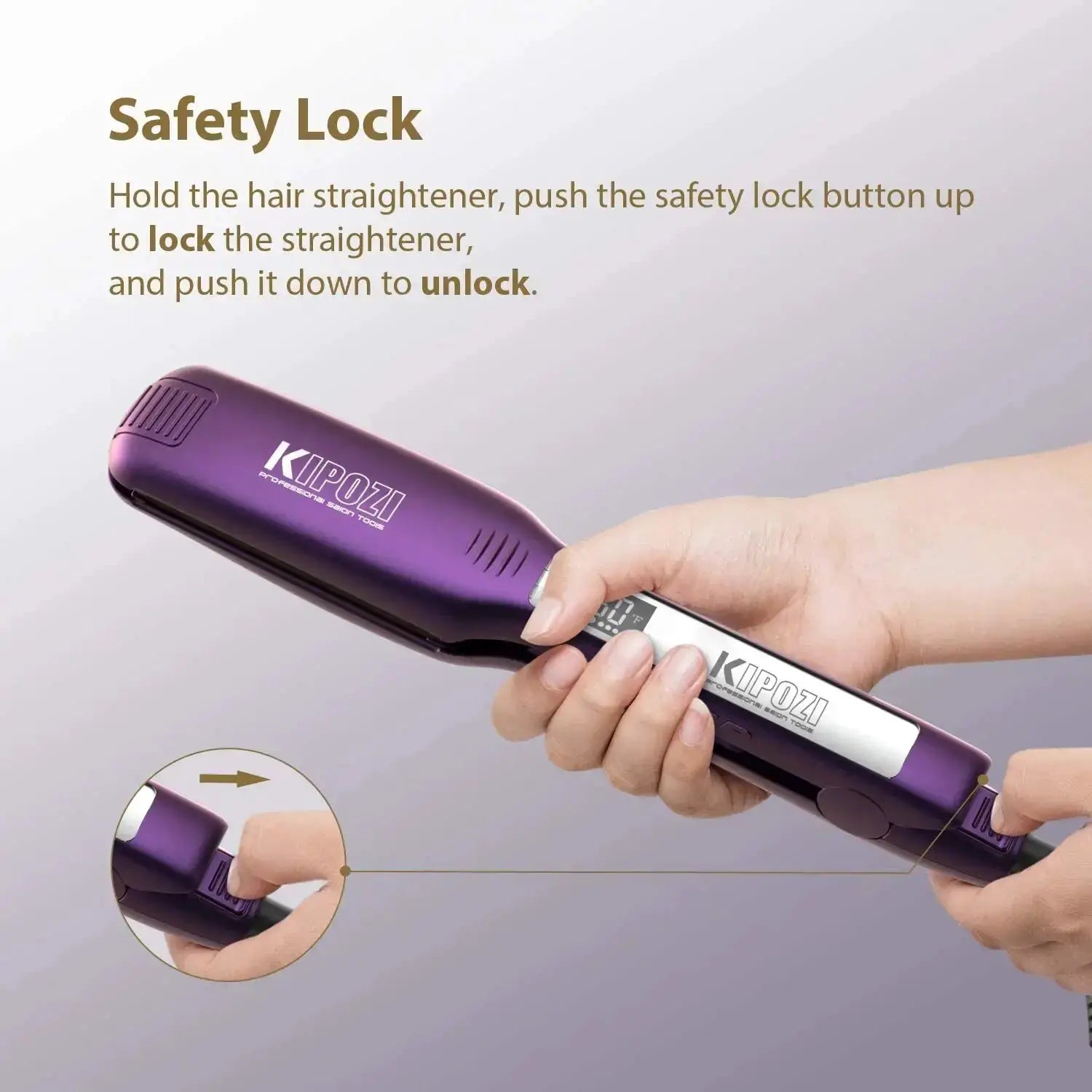 KIPOZI titanium flat iron with digital LCD display, purple body held in hand