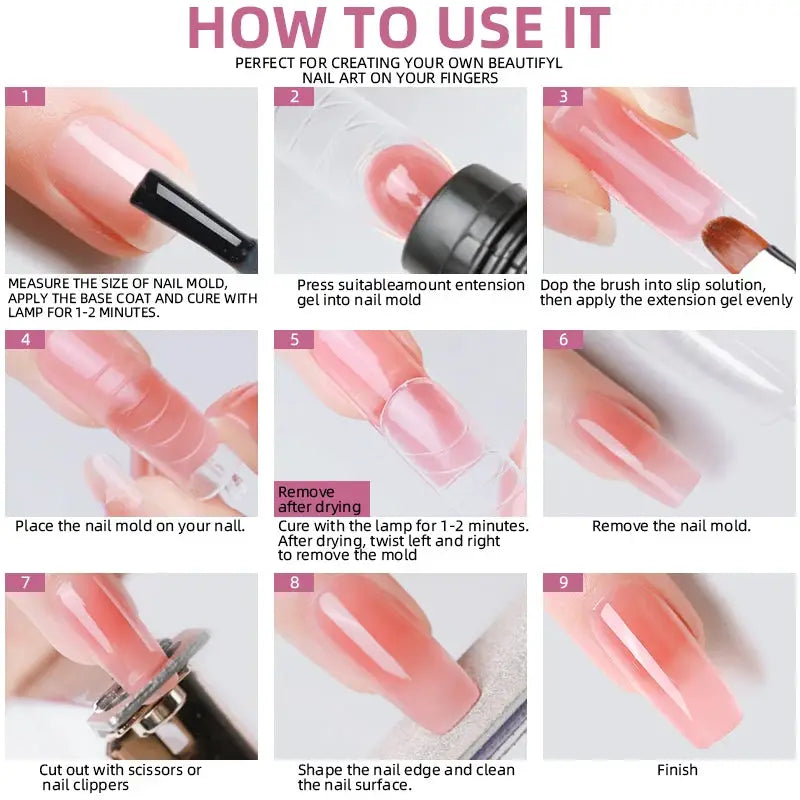 Nail extension gel manicure kit with UV gel and slip solution; pink nail art demonstration steps