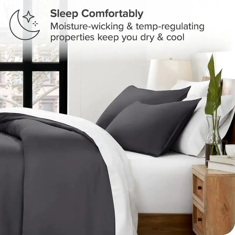 3pc Lyocell bamboo duvet cover set in charcoal gray with white border; includes quilt cover and two pillowcases