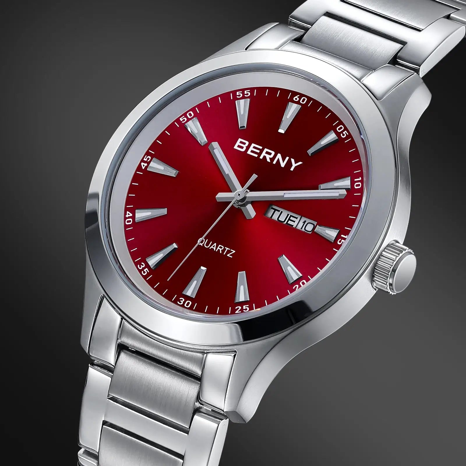 BERNY men's quartz wristwatch with stainless steel case and bracelet, red dial and day-date window