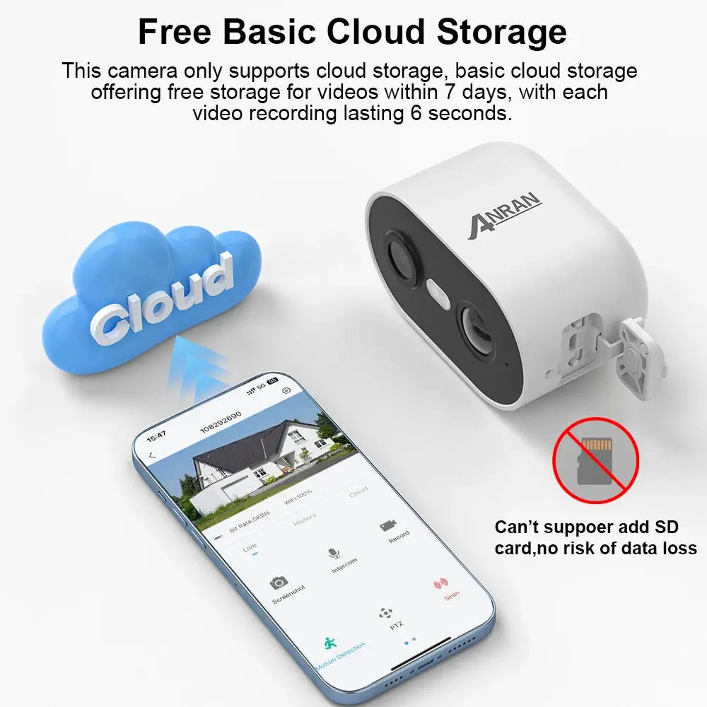 ANRAN 2K rechargeable wireless security camera, white, 2.4G WiFi, IP65, app; cloud storage, no SD card support