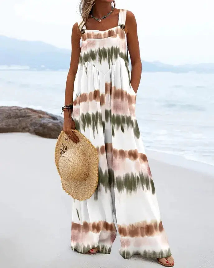 Vintage print sleeveless jumpsuit for women, wide-leg tie-dye in white, green and brown, Simples Market