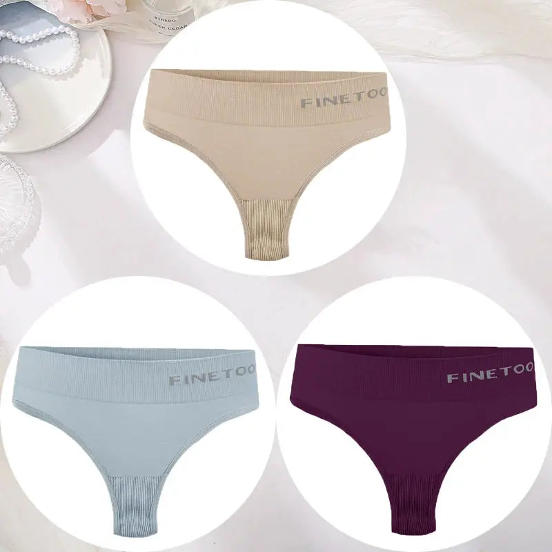 3-piece FINETOO women's seamless thong underwear set in beige, light blue, and burgundy with logo waistband.