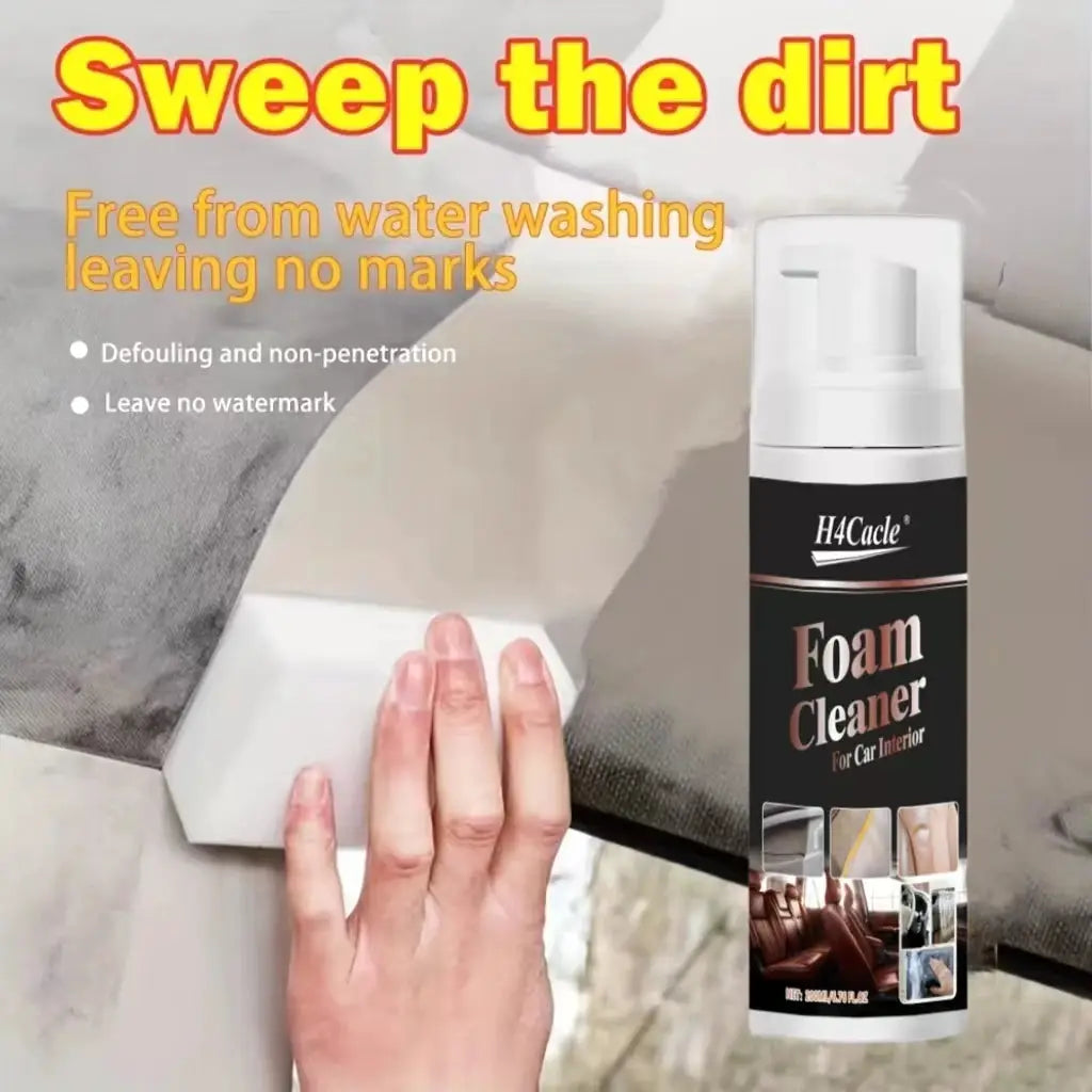 Foam cleaner spray for car interiors; black-label bottle with white cap, H4Cacle brand
