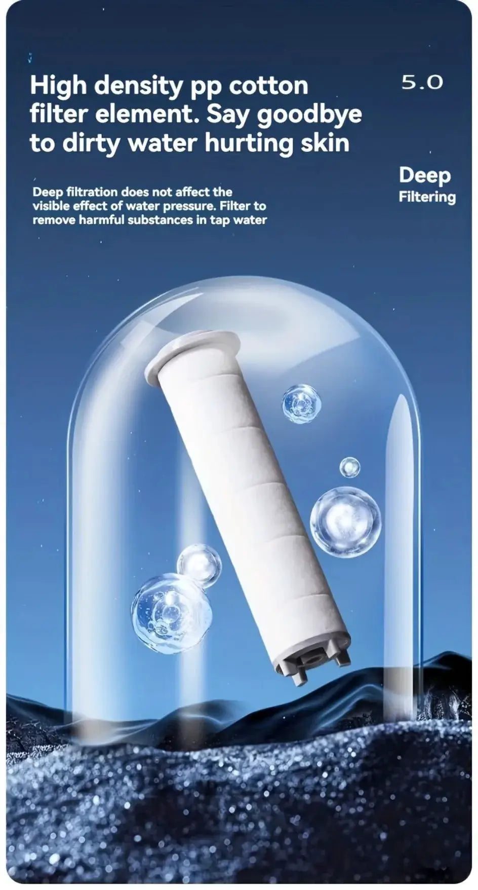 Shower head filter cartridge, white cylindrical element inside a blue dome with bubbles and 5 modes