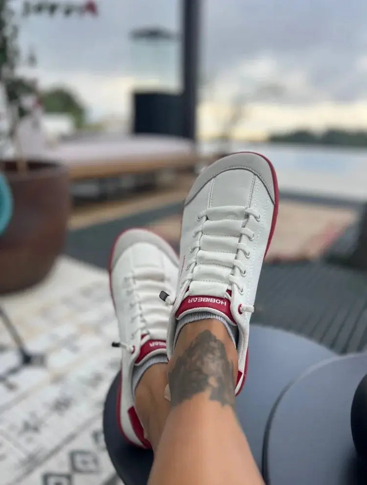 HOBIBEAR white canvas barefoot sneakers, red trim, unisex lightweight lace-up shoes for everyday wear