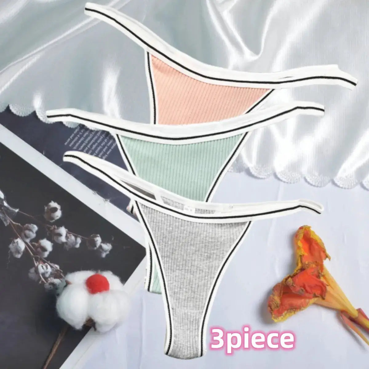 3-piece women's cotton thong underwear set; seamless, low-rise; pastel peach, mint, gray