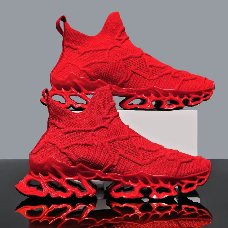 Pair of red knit sneakers for men, breathable knit upper with sculpted red lattice sole