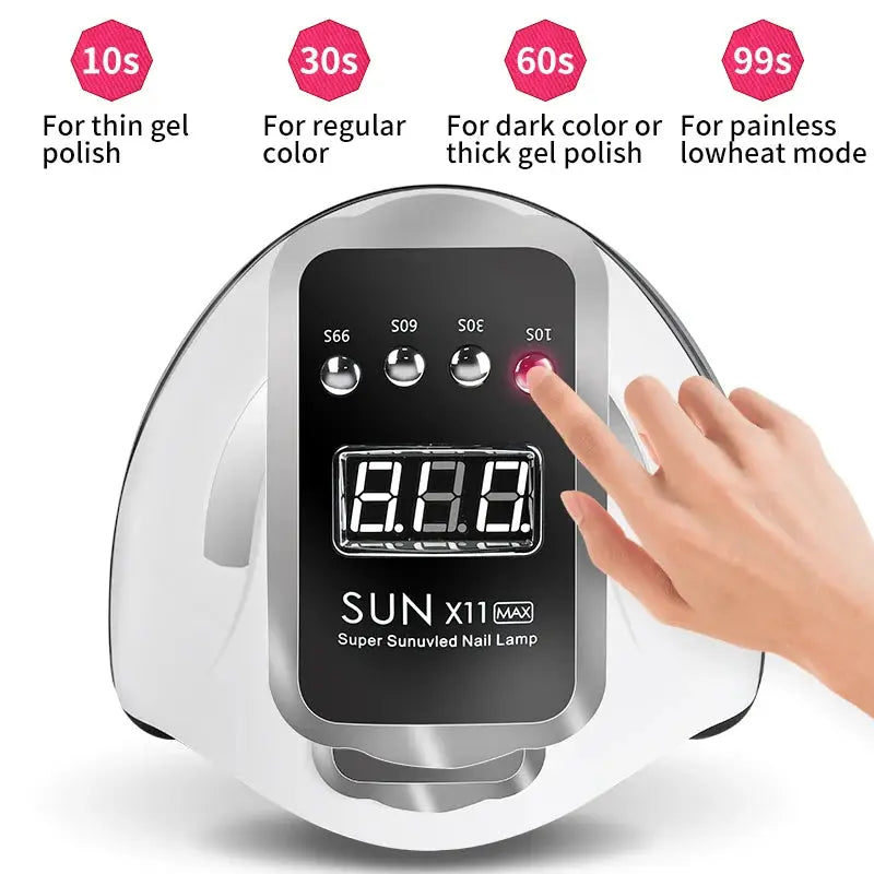 White SUN X11 nail lamp by Simples Market with digital display and touch controls for gel nails