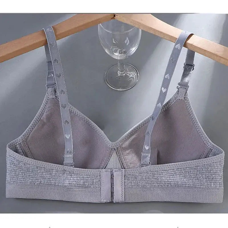 Cotton wireless V-bra AB cup in lavender-gray with wide elastic band and back hook closure