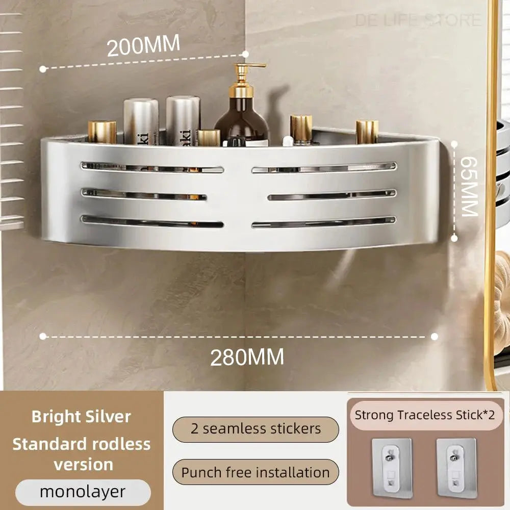 Bathroom corner shelf in bright silver space aluminum with plastic towel bar, no-drill wall mount